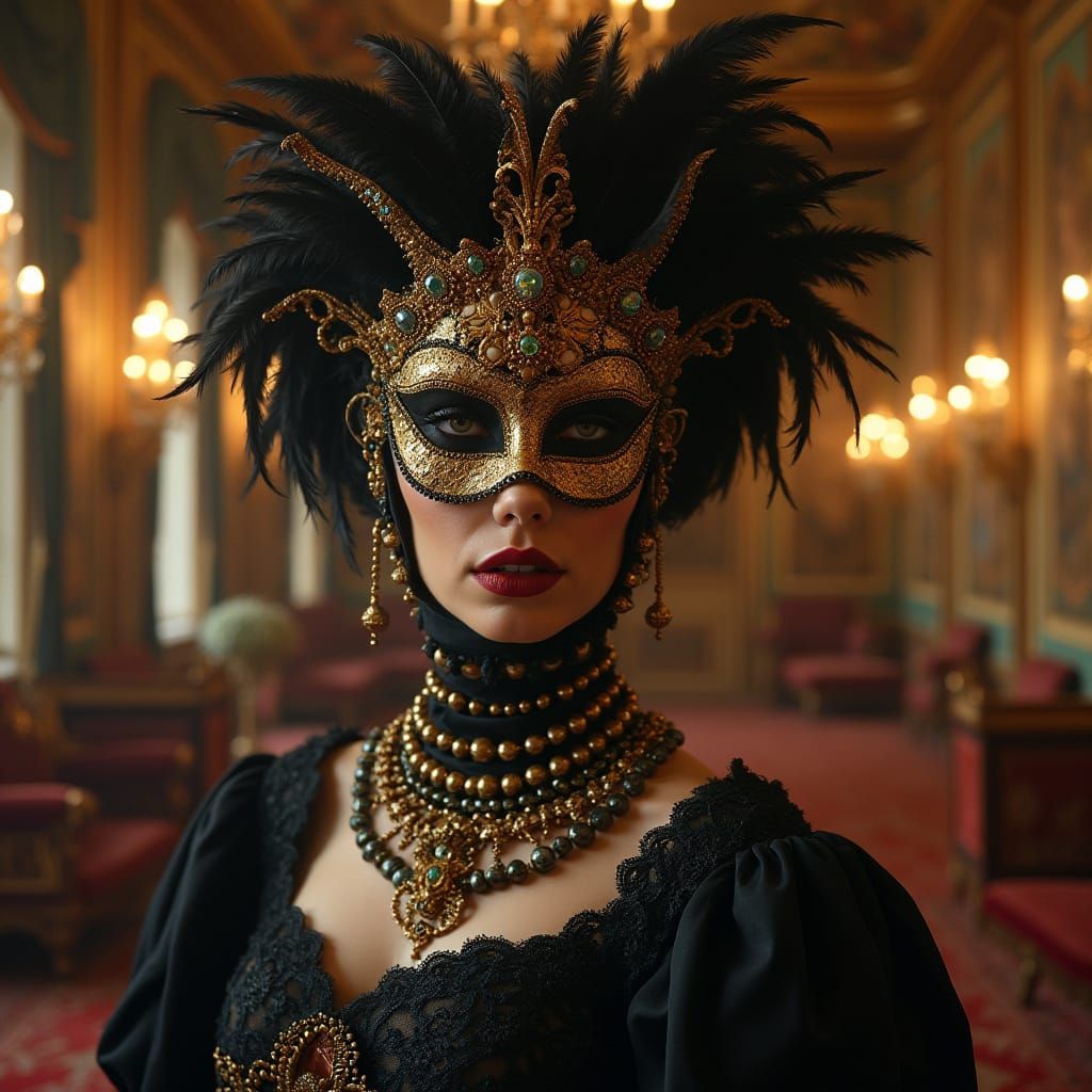A Woman in Baroque Masquerade Attire in a Lavish Ballroom