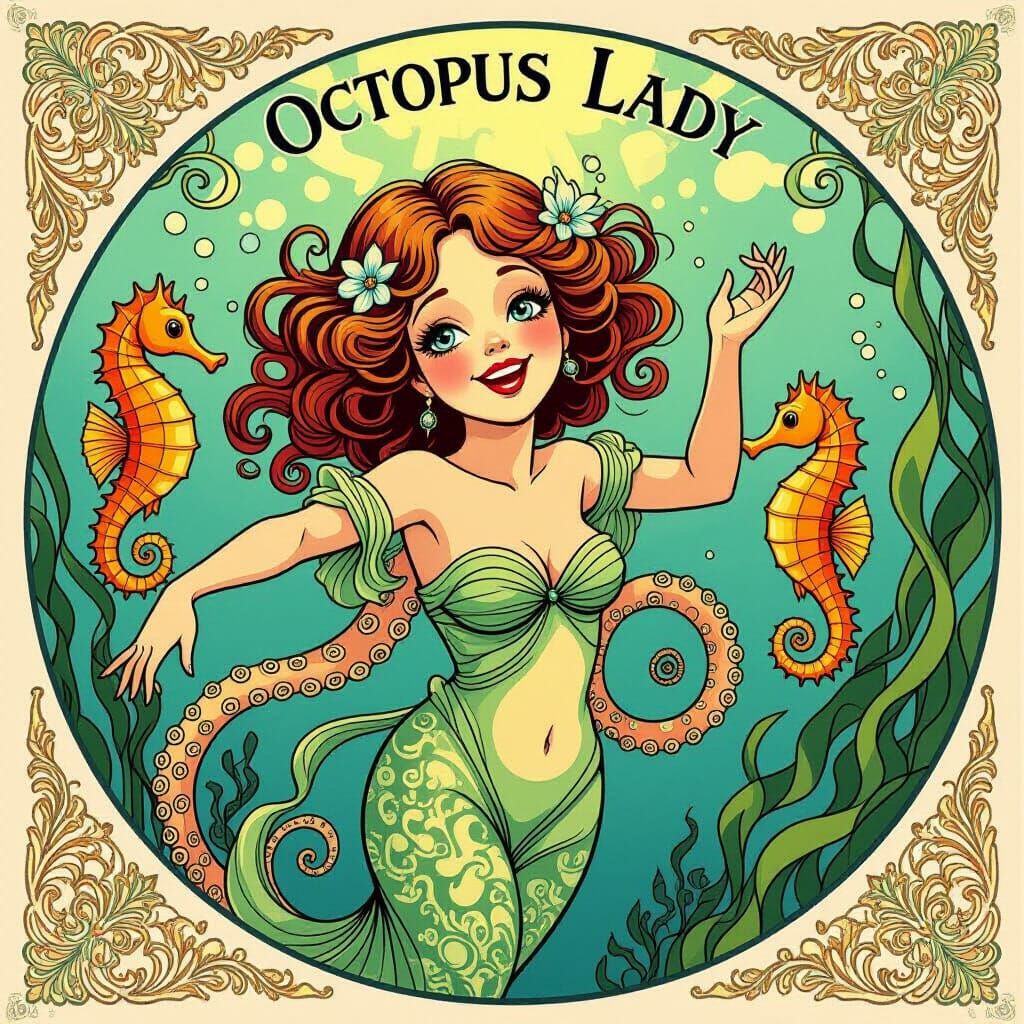 Art Nouveau Octopus Lady Dancing with Seahorses