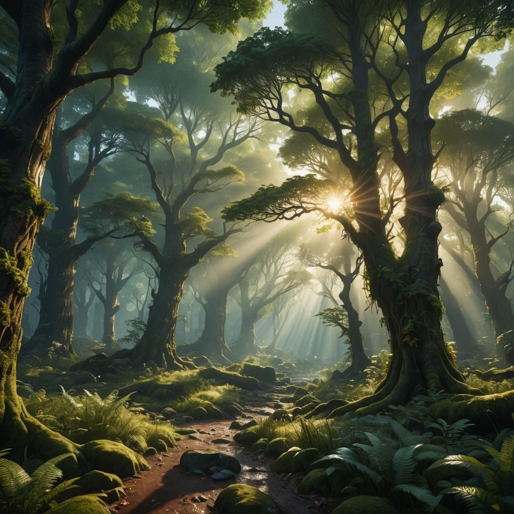 Sunshine Through Humid Forest: Detailed Fantasy Art
