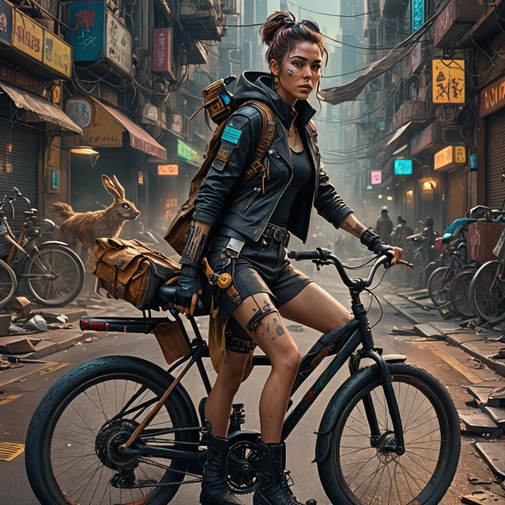 Mujer 30 años montando en bicicleta con poca ropa, piel canela, atrevida, alegre, tendencia en mi mente, estilo Cyberpun...