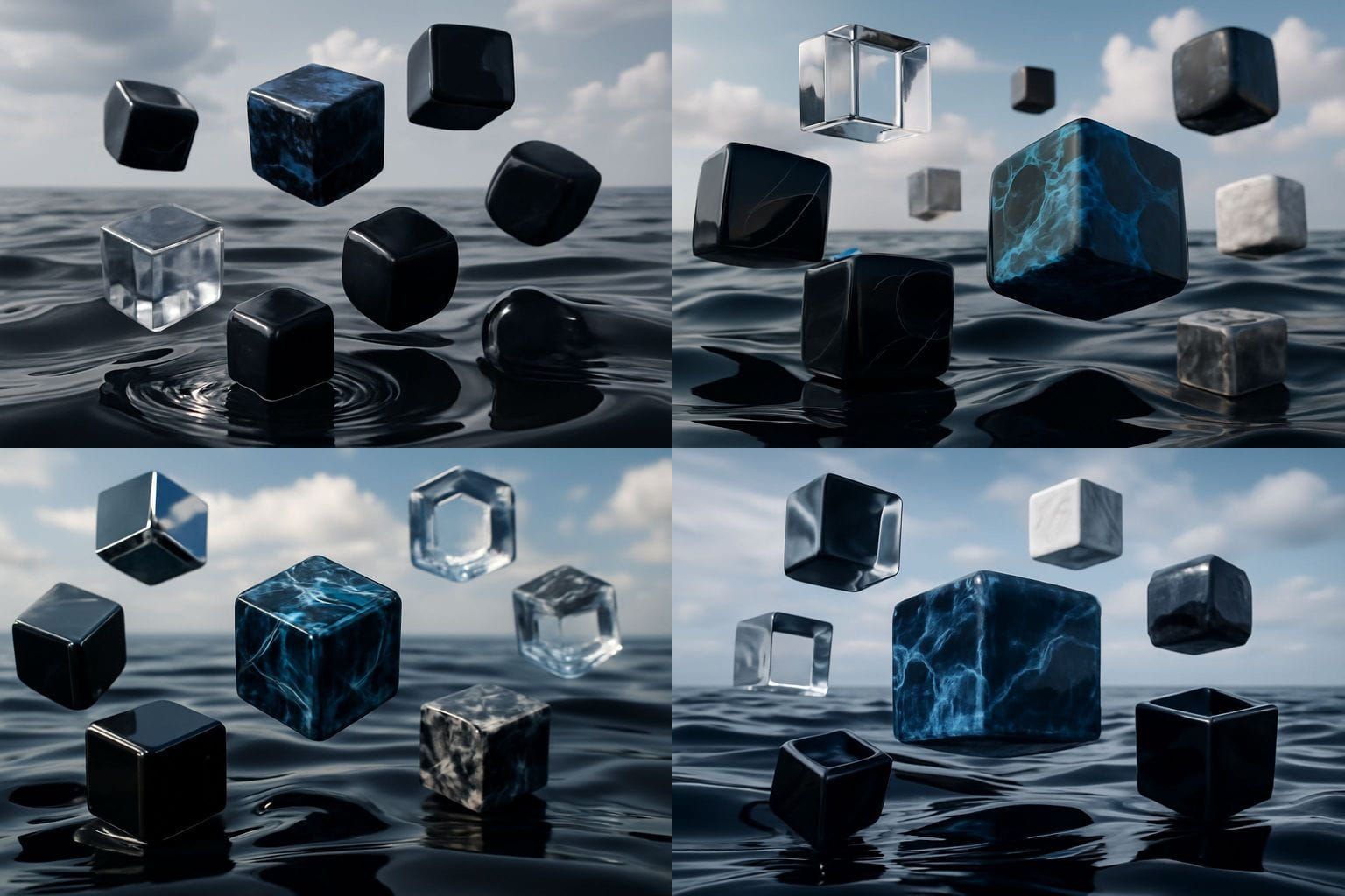 Abstract Floating Metallic Cubes in Reflective Ocean