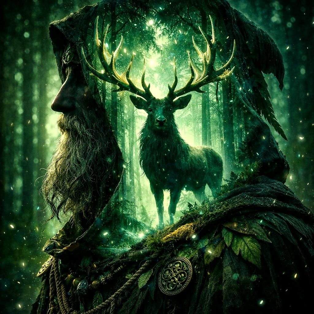 Surreal Celtic Druid Portrait with Enchanted Forest Stag
