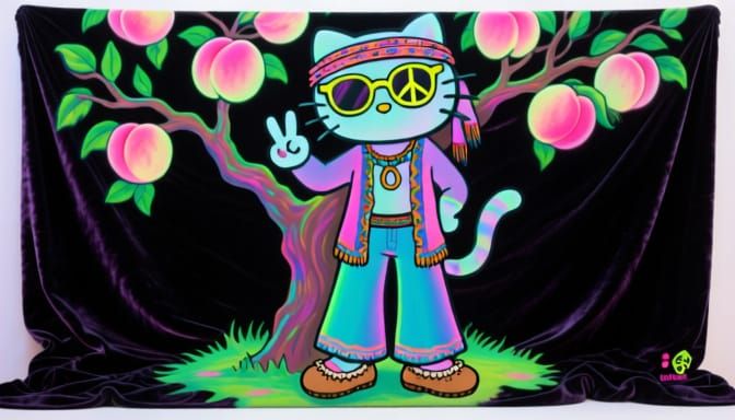 Psychedelic Hippy Cat Painting on Black Velvet
