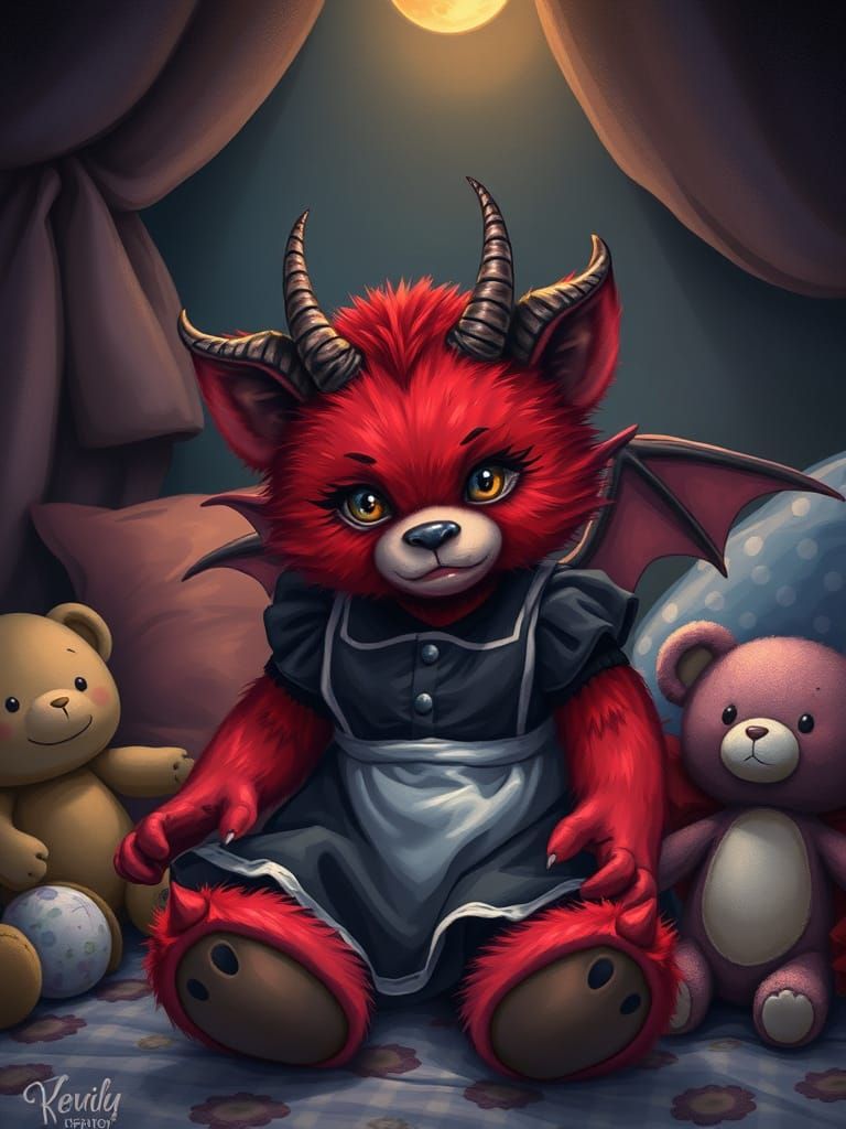 Crimson Furred Demon Teddy Bear in Whimsical Nursery