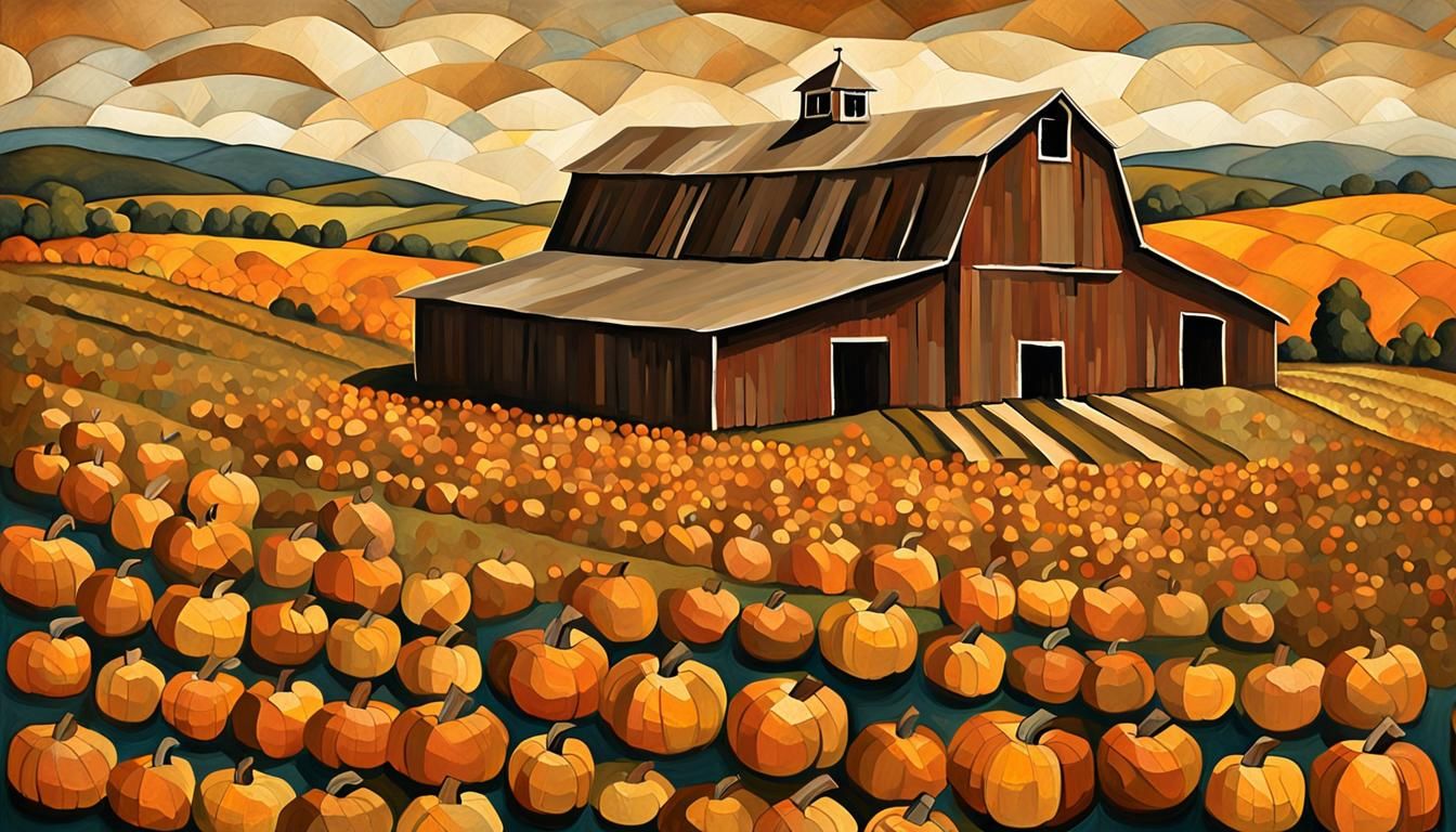 Geometric Fauvism Barn Amidst Golden Pumpkin Landscape