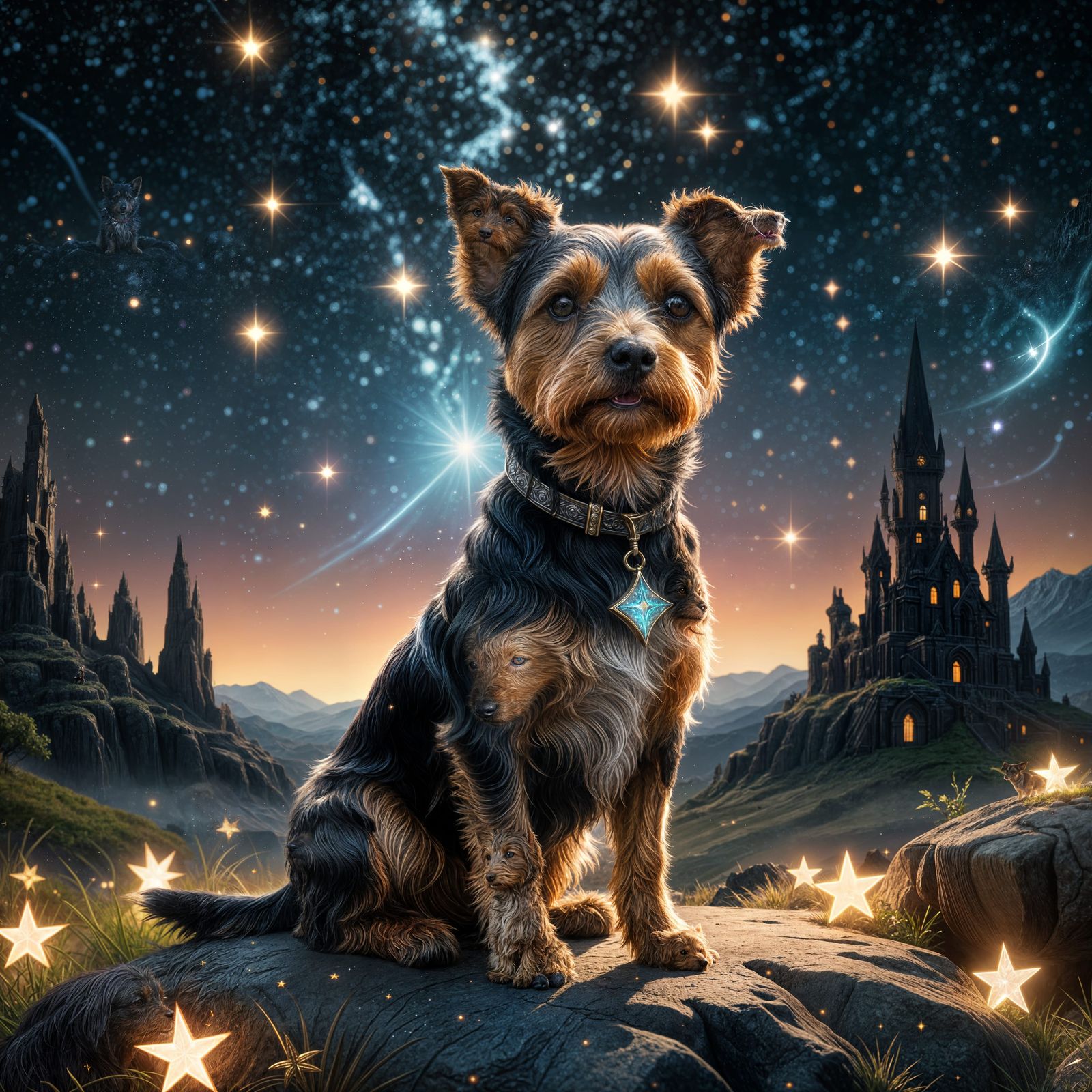 Yorkie Jack Russell Cross Seated on Throne of Eternity Under...