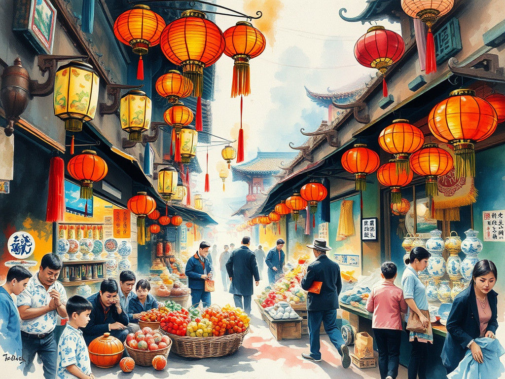 Bustling China Market in Watercolor Painting Style