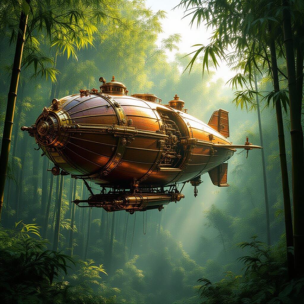 Steampunk Airship Over Bamboo Forest in Golden Hour Light