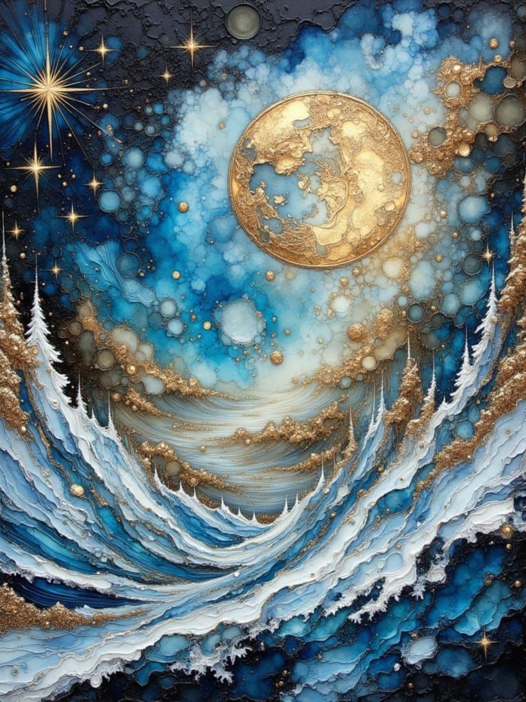 Ferocious Arctic Storm with Ice Moon in Impasto Style