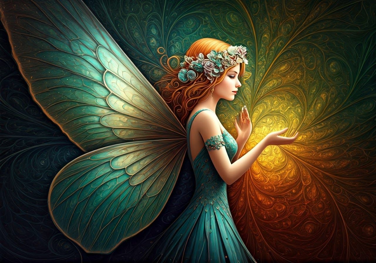 Elegant Fairy in Dreamlike Floral Landscape