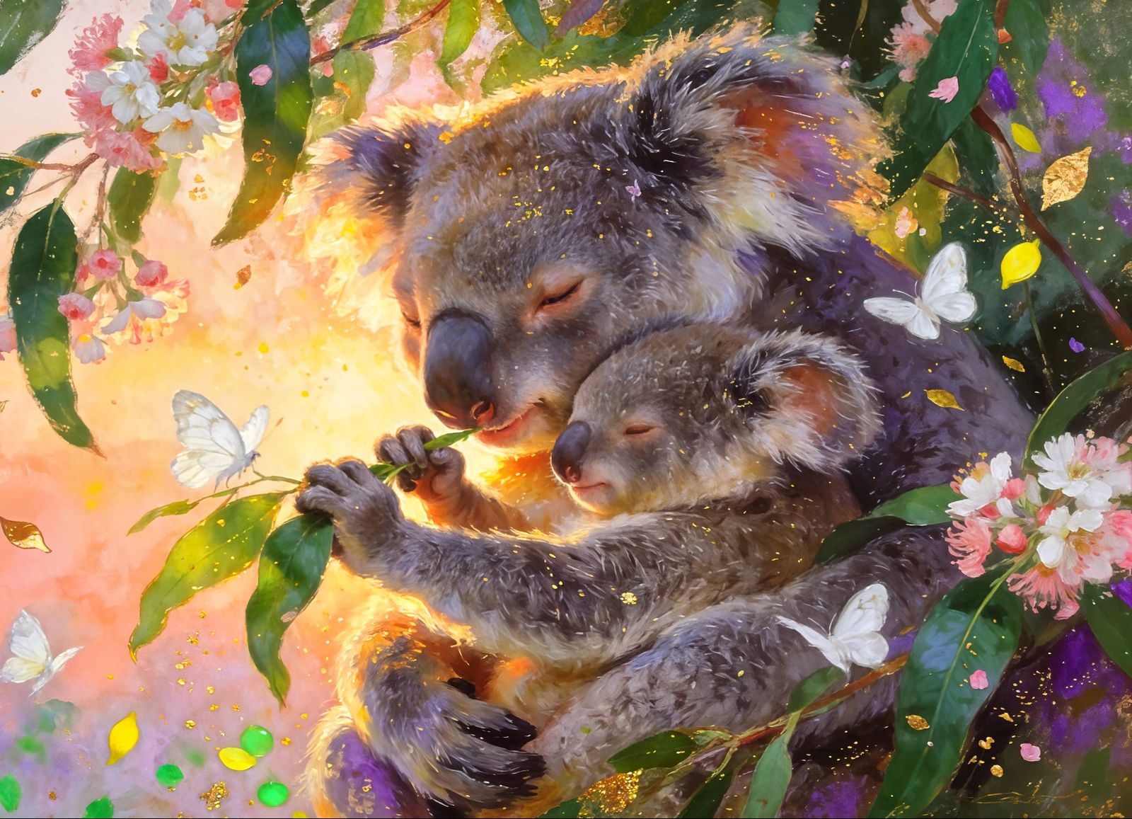 Impressionistic Koala Family in Peachy Dawn Light
