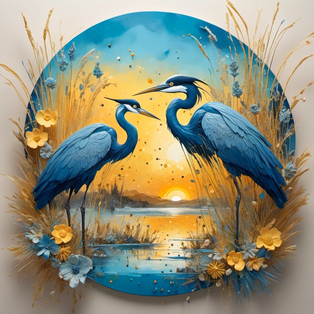 Stylized Blue Herons at Dusk: Mixed Media Collage