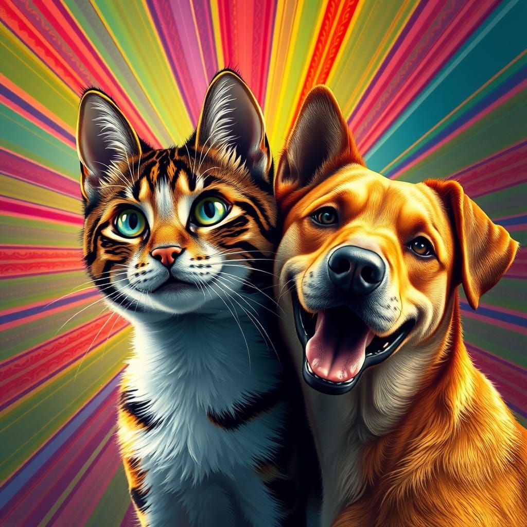 Dynamic Cat and Dog Portrait in Vibrant Rainbow Colors