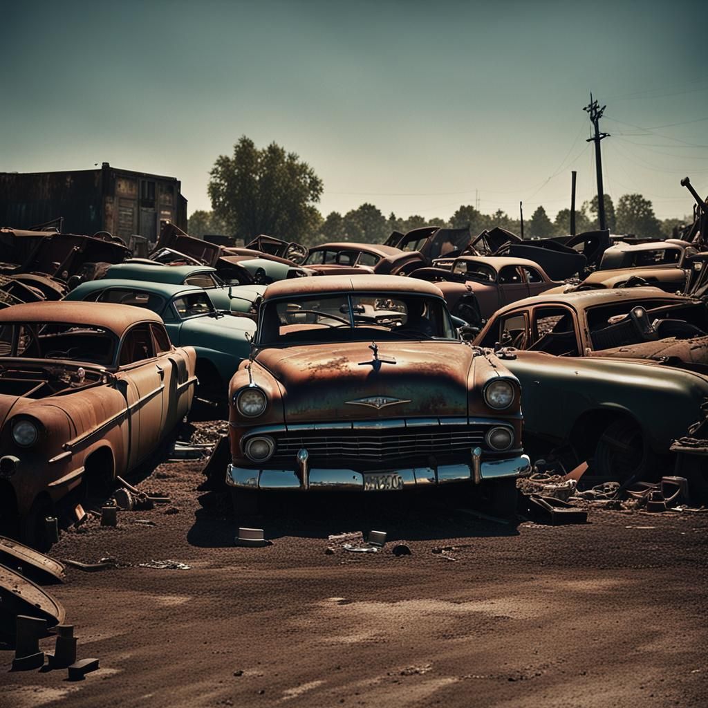 Dramatic Junkyard Car Crushing: Cinematic Film Still