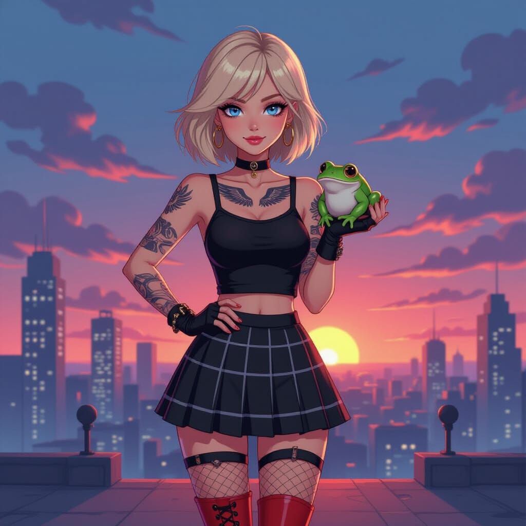 Woman with Frog in Futuristic City, Anime Style