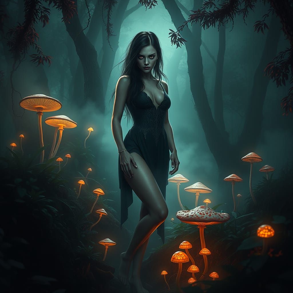 Dark Fantasy Woman in Lush Forest Landscape