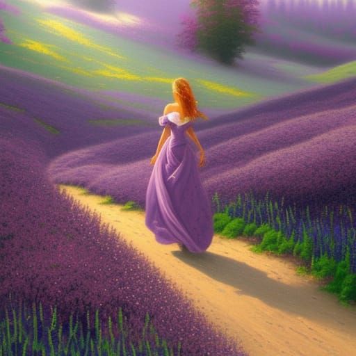 Woman with Tulips on Heather Hills in Ethereal Style