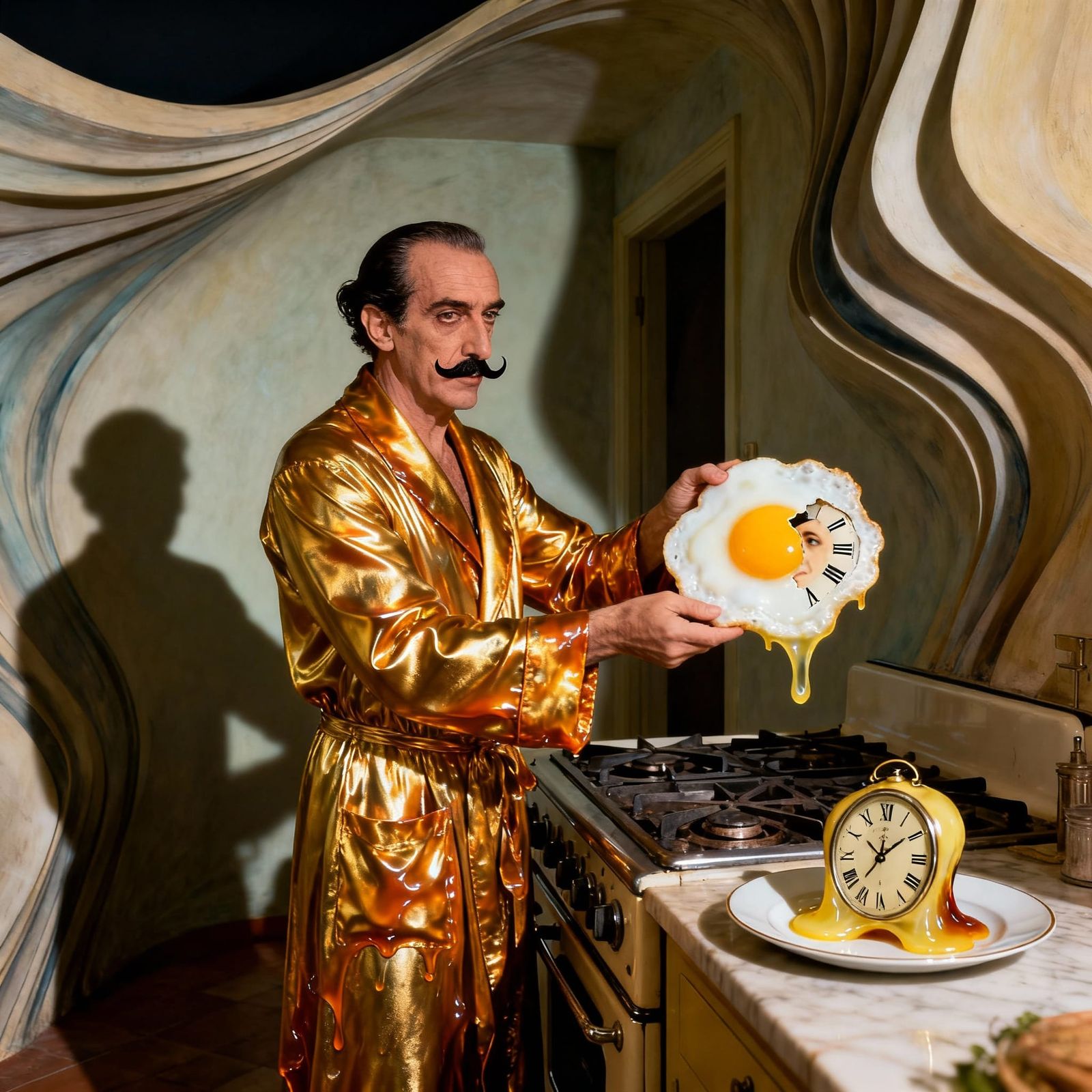 Salvador Dalí with Melting Fried Egg Clock in Surreal Kitche...