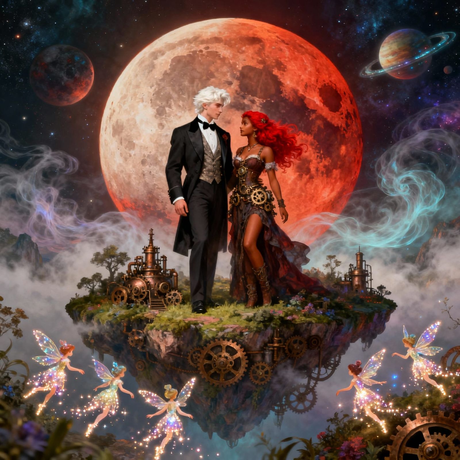 Steampunk Fantasy Couple on Floating Island Under Blood Moon