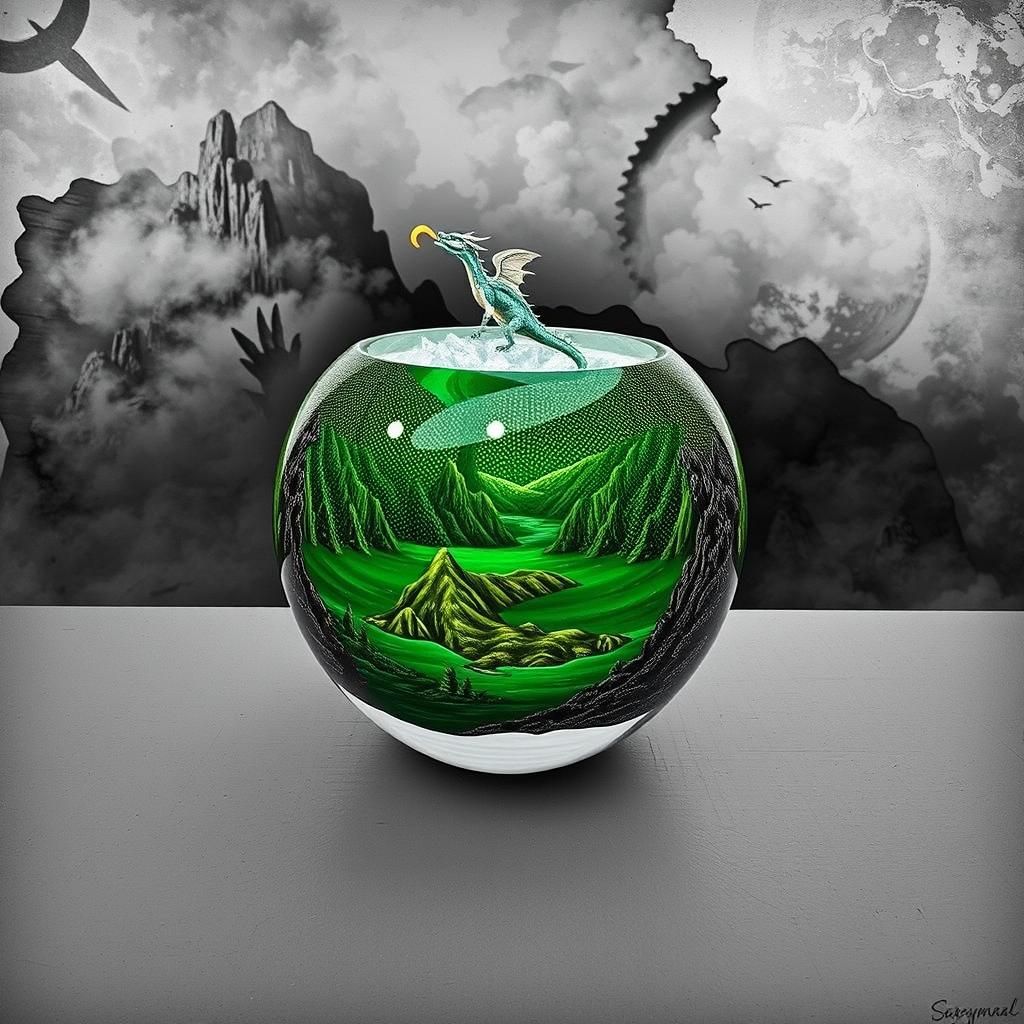 Iridescent Dragon on Misty Peak: Biomechanical Surrealism