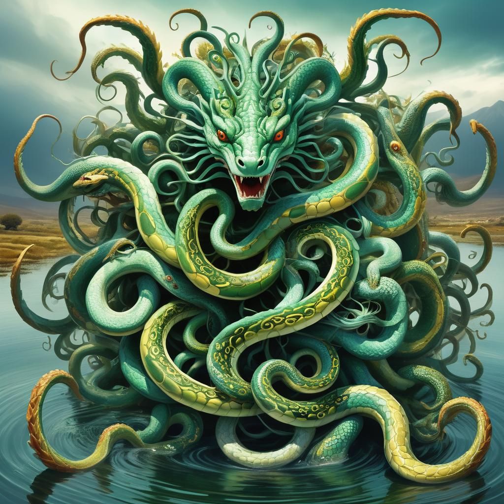 Nine-Headed Hydra in Chromatic Surrealism Style