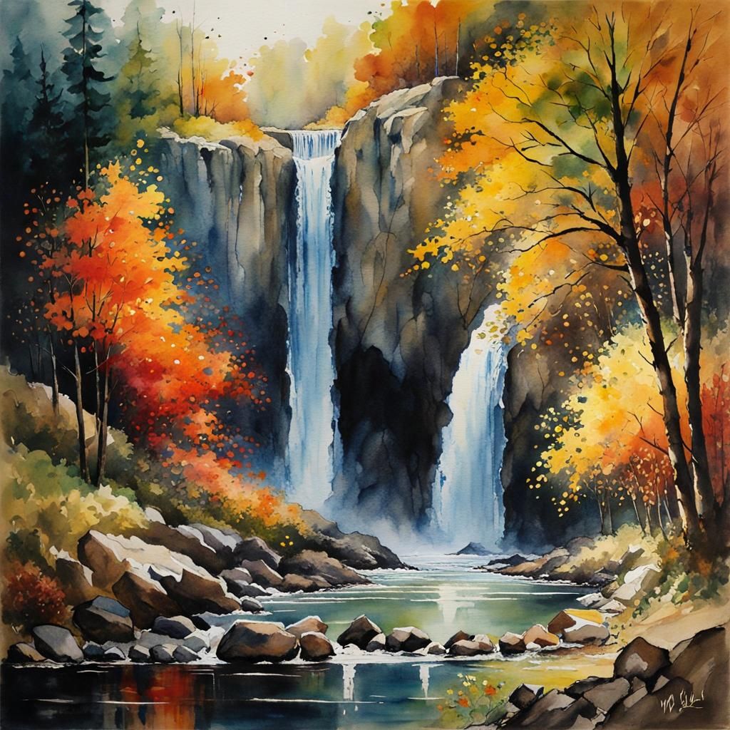 Whimsical Waterfall: A Watercolour Masterpiece