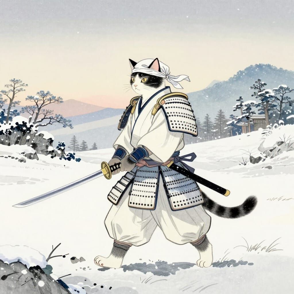 Samurai Cat Walking in Snow with Katana