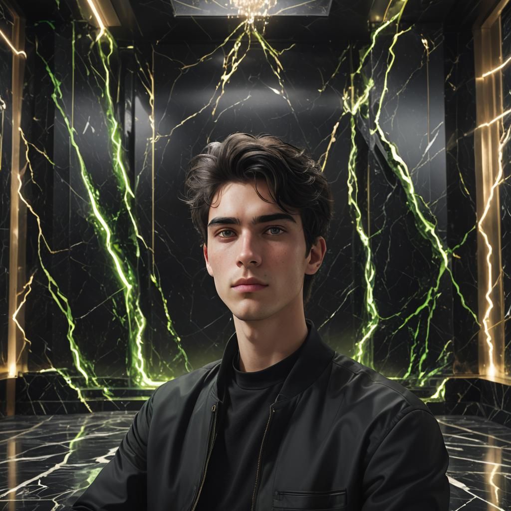 Handsome Young Man Portrait in Black Marble Room