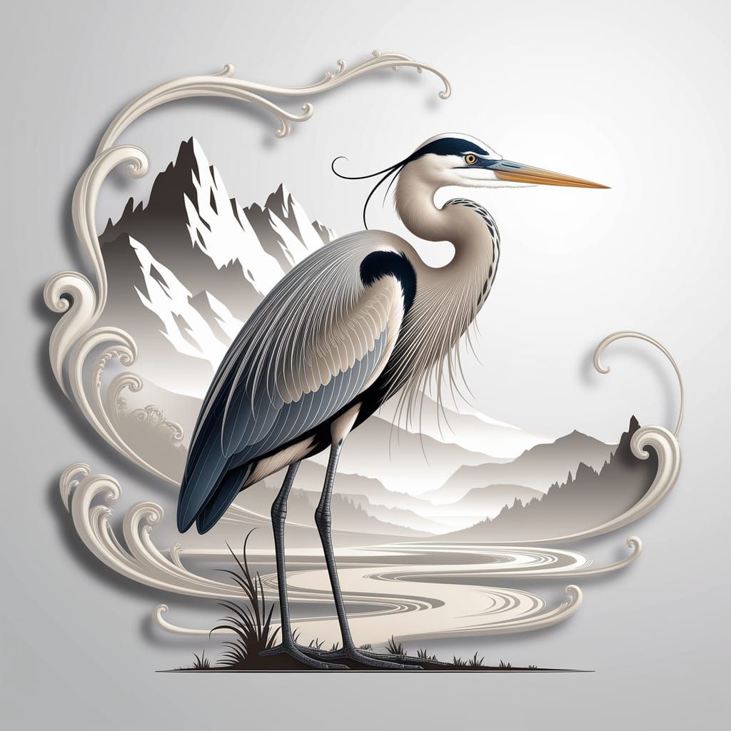 Elegant Great Blue Heron with Tribal Designs