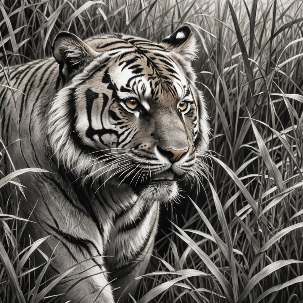 Hyperdetailed Charcoal Drawing of a Tiger Hunting