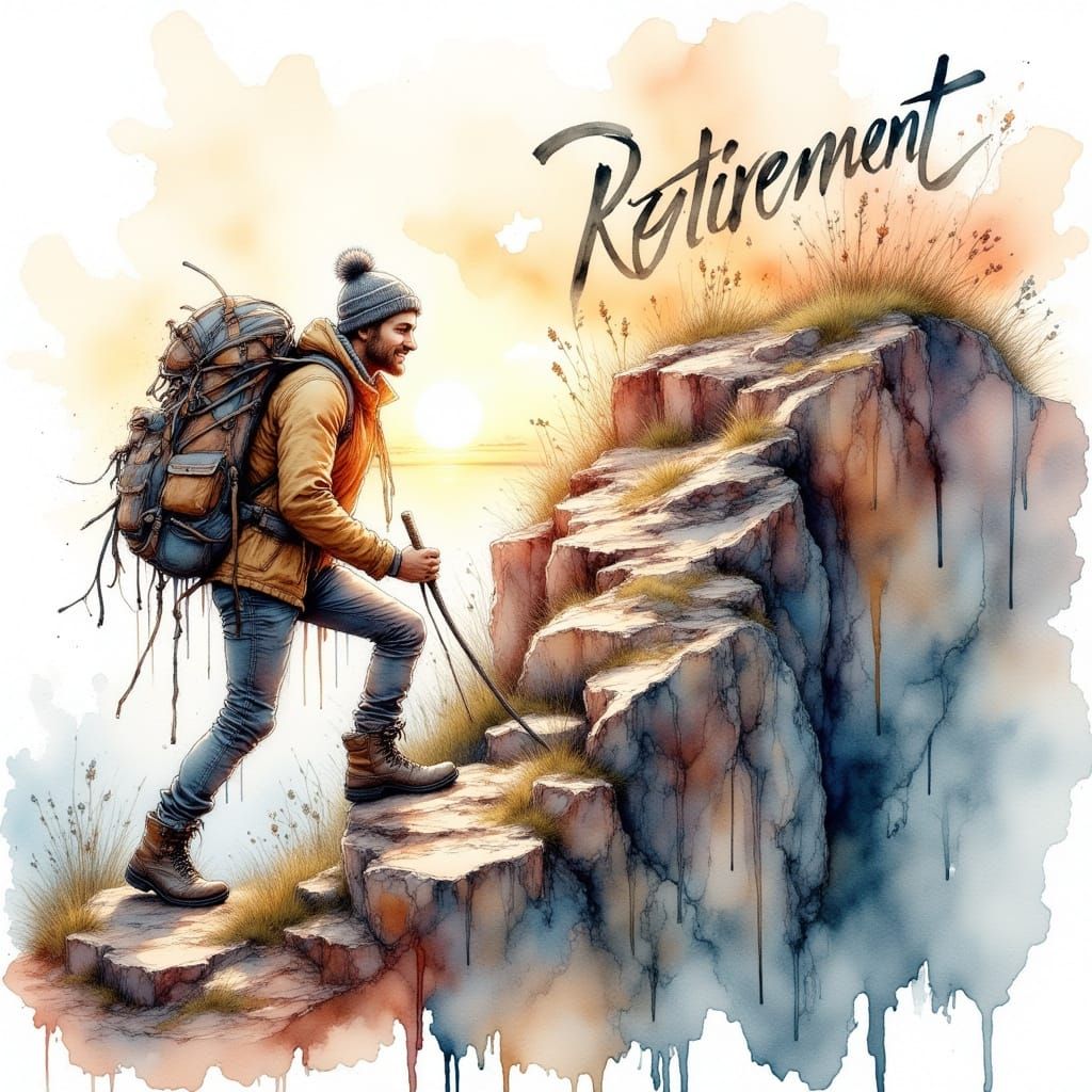 Hiker Reaches Mountain Summit in Watercolor Painting