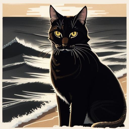 Expressive Ink Cat by the Sea
