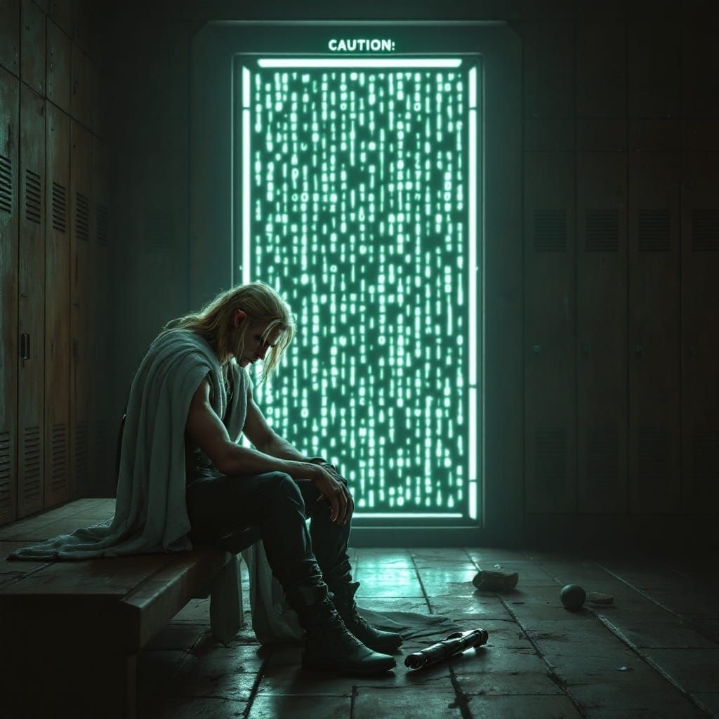 Weary Elf Warrior Rests Amidst Futuristic Locker Room