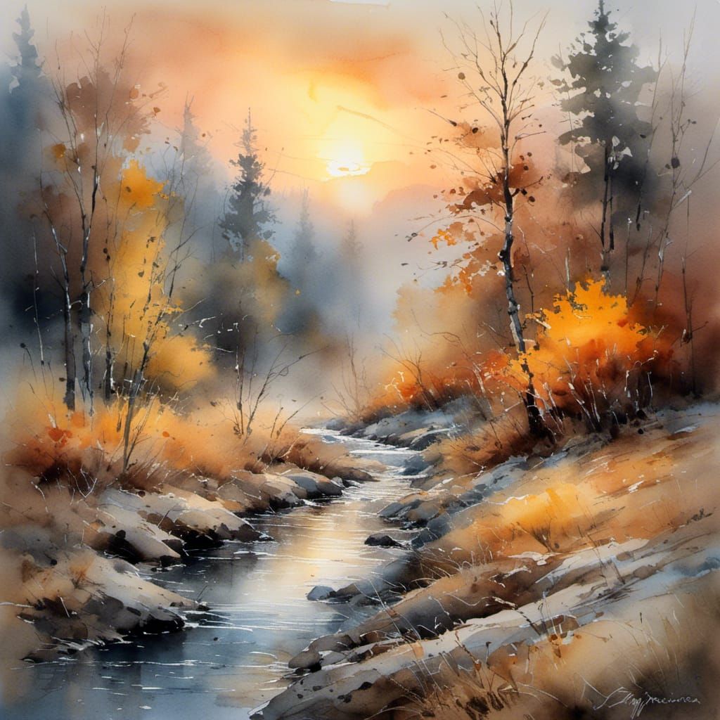 Misty Sunrise Stream in Watercolor Style