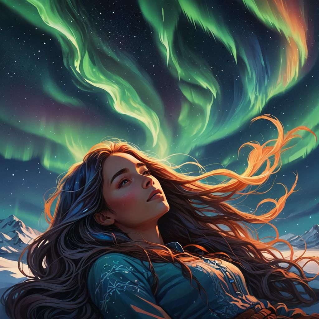 Girl Gazing at Aurora Borealis: Vivid Digital Painting