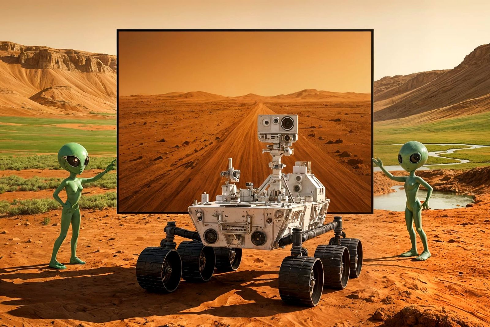 Surreal Mars Scene with Aliens and Rover in Magritte Style