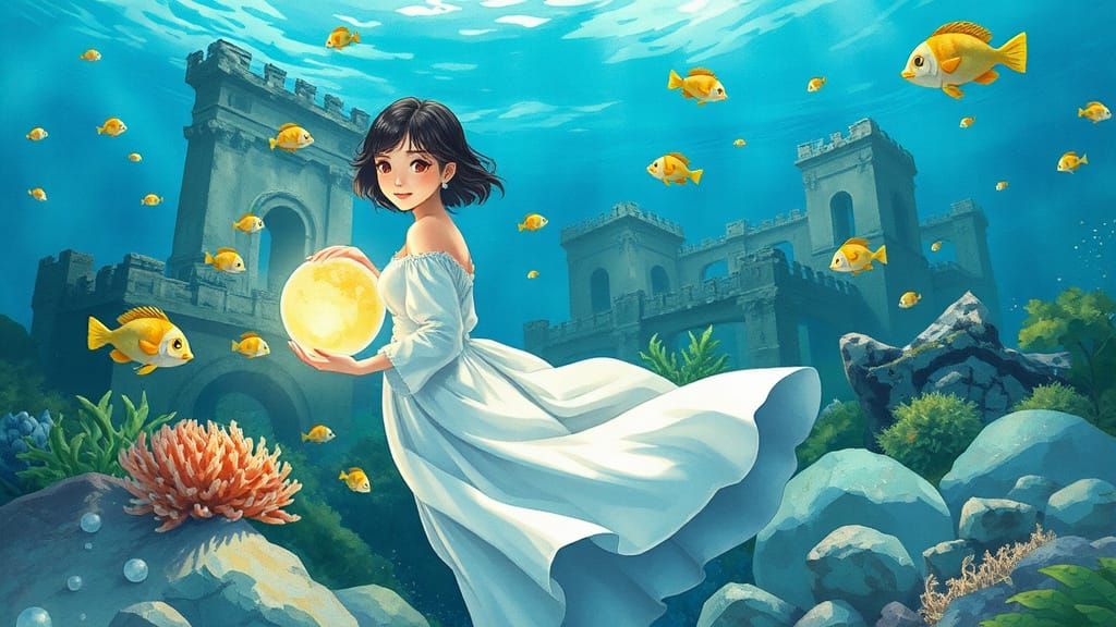 Korean Woman Exploring Sunken City in Watercolor Style