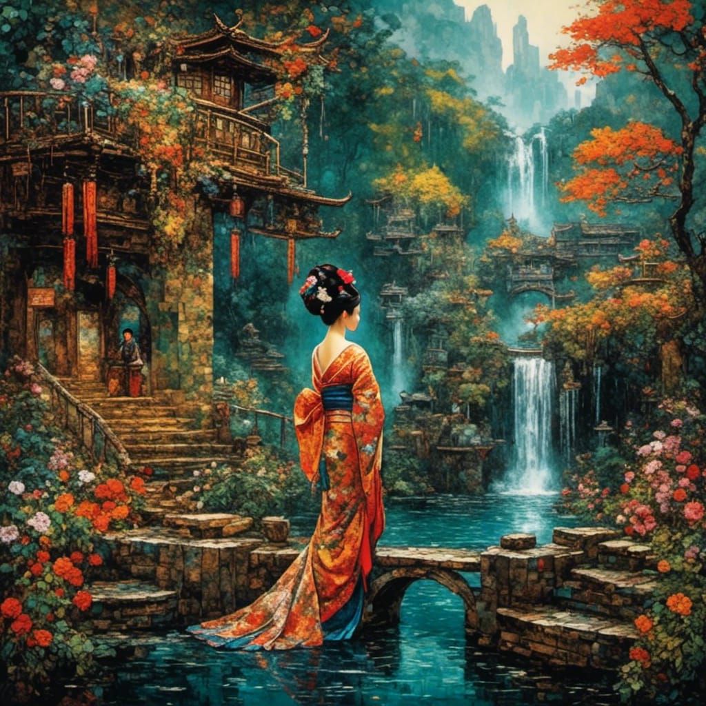Geisha in Waterfall Garden with Unique Textures