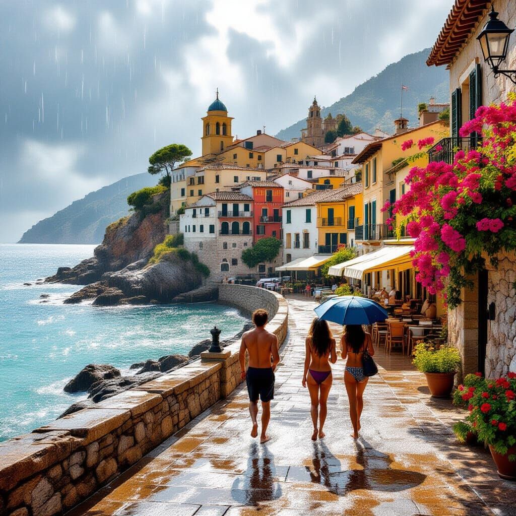 Spanish Village in Summer Rain with Golden Light
