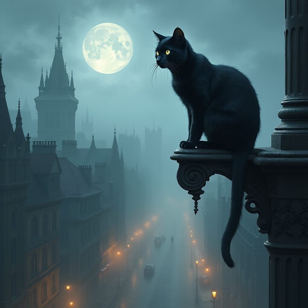 Black Cat on Gothic Gargoyle Above Victorian London