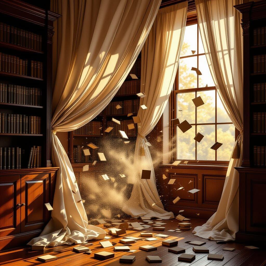 Mahogany Bookshelf Blown Away by Wind - Matte Painting