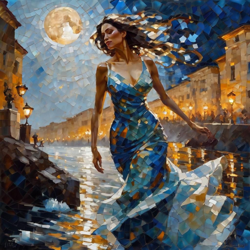 Celestial Mosaic Woman in Moonlight Splash Art