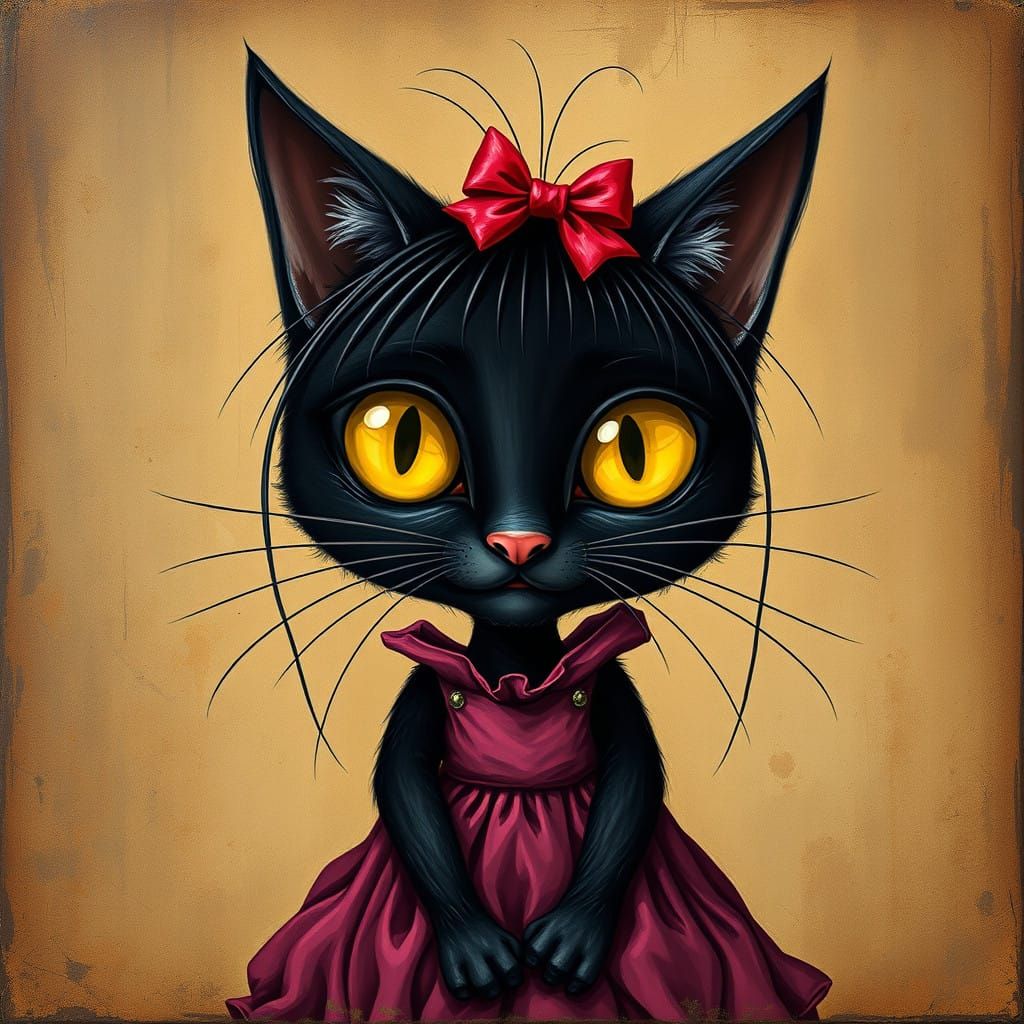 Whimsical Black Cat Painting with a Touch of Eerie Presence