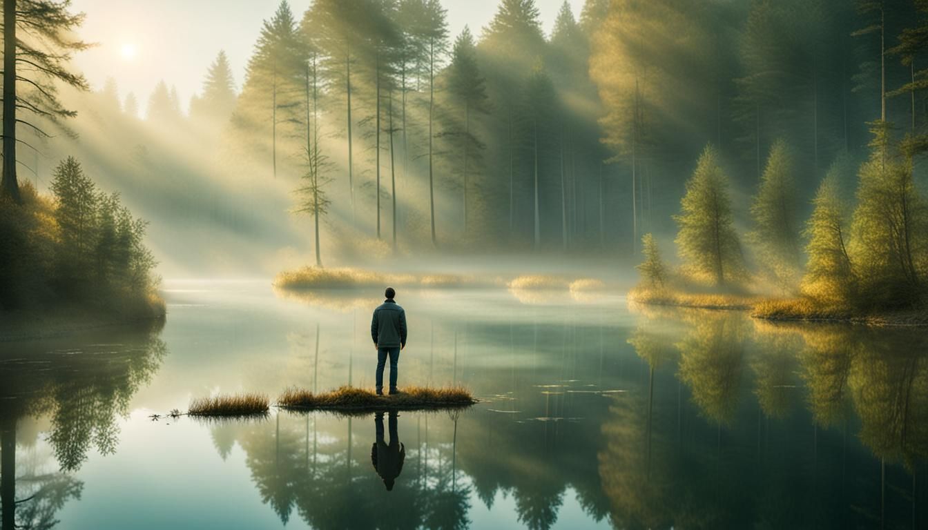 Man Facing Misty Pond in Surreal Landscape
