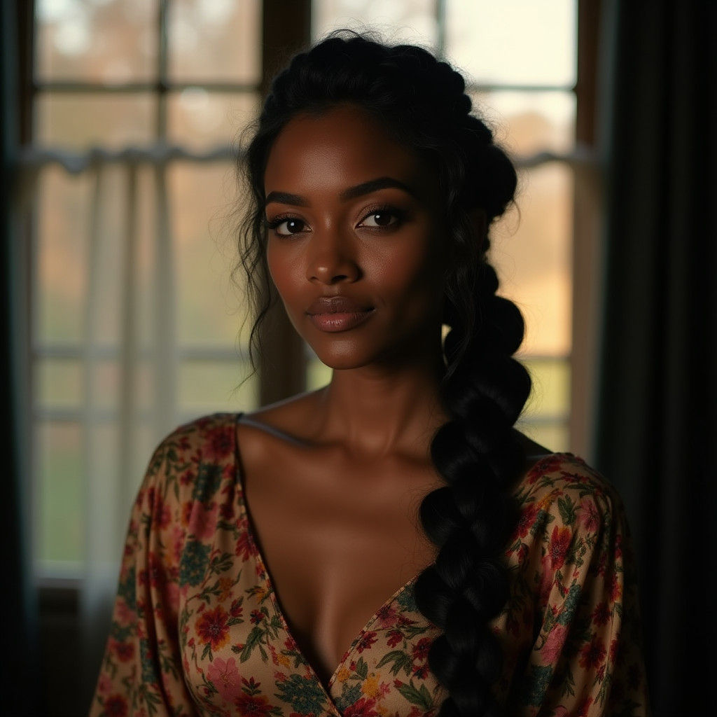 Ethereal Woman in Soft Focus, Dutch Braids, and Vibrant Flor...