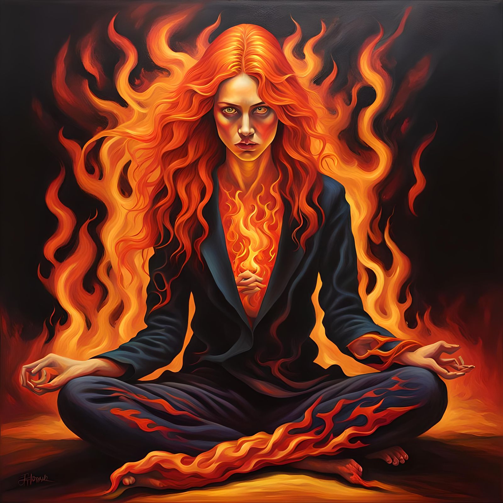 Fiery Woman: A Vision in Red Flames