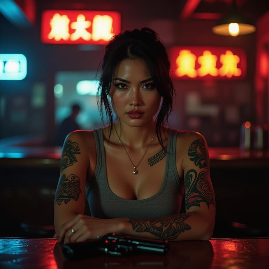 Asian Woman with Tribal Tattoos in Retro-Futuristic Bar
