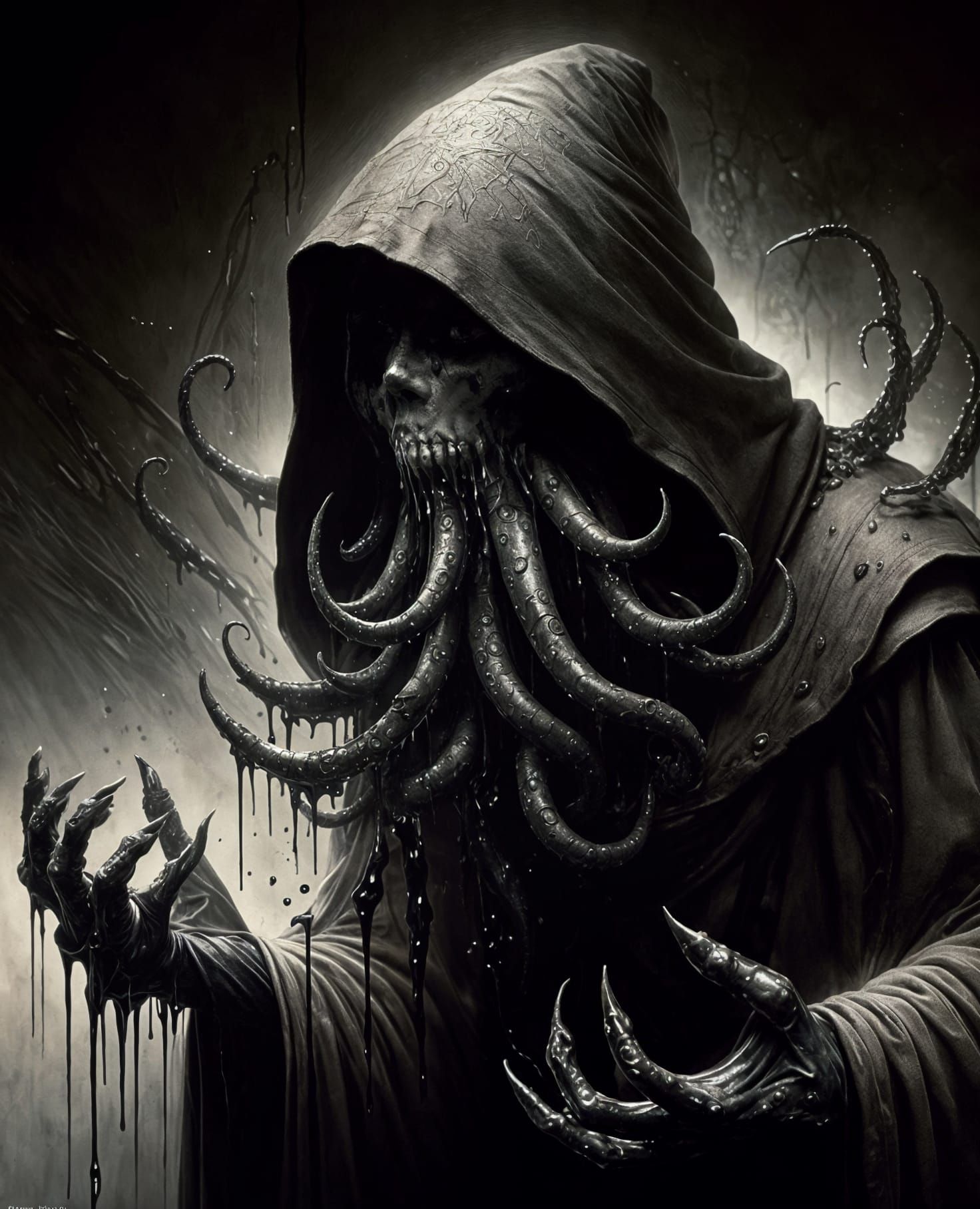 Ominous Hooded Figure Reaching for Praying Woman