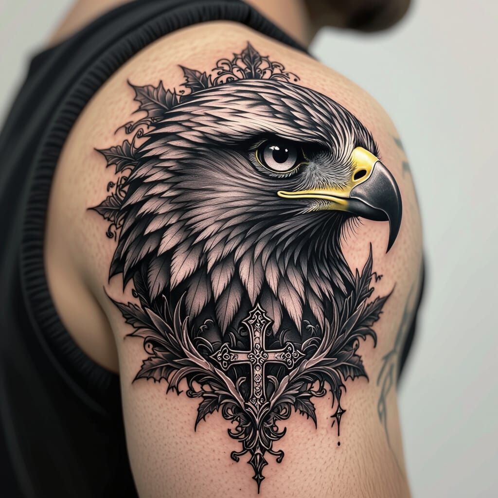 Hyperrealistic Hawk Head Tattoo With Gothic Elements