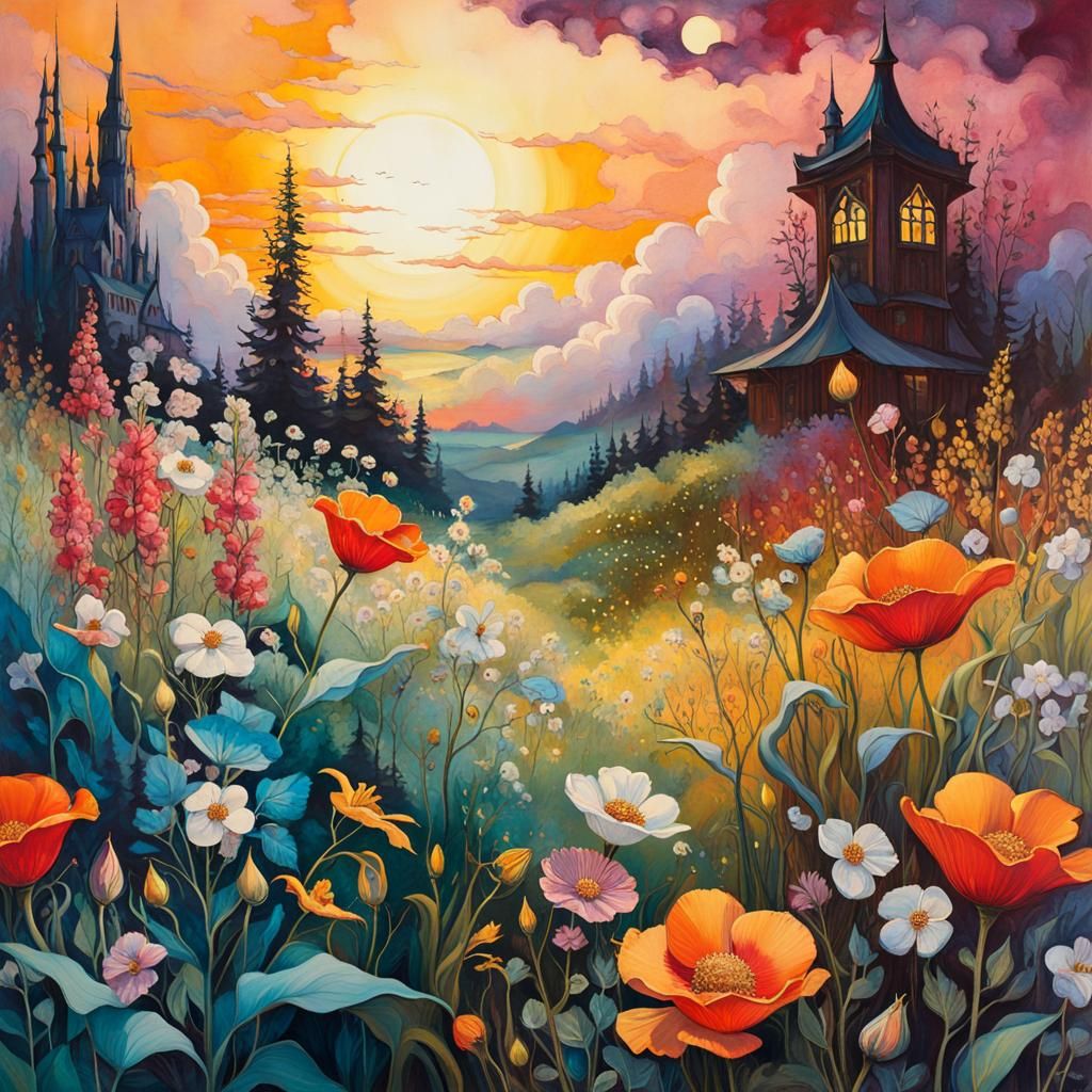 Twilight Flower Garden in Cel-Shaded Watercolor Style